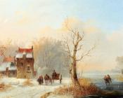 雅各布斯范德斯托克 - A Winter Landscape With Skaters On A Frozen Waterway And A Horse drawn Cart